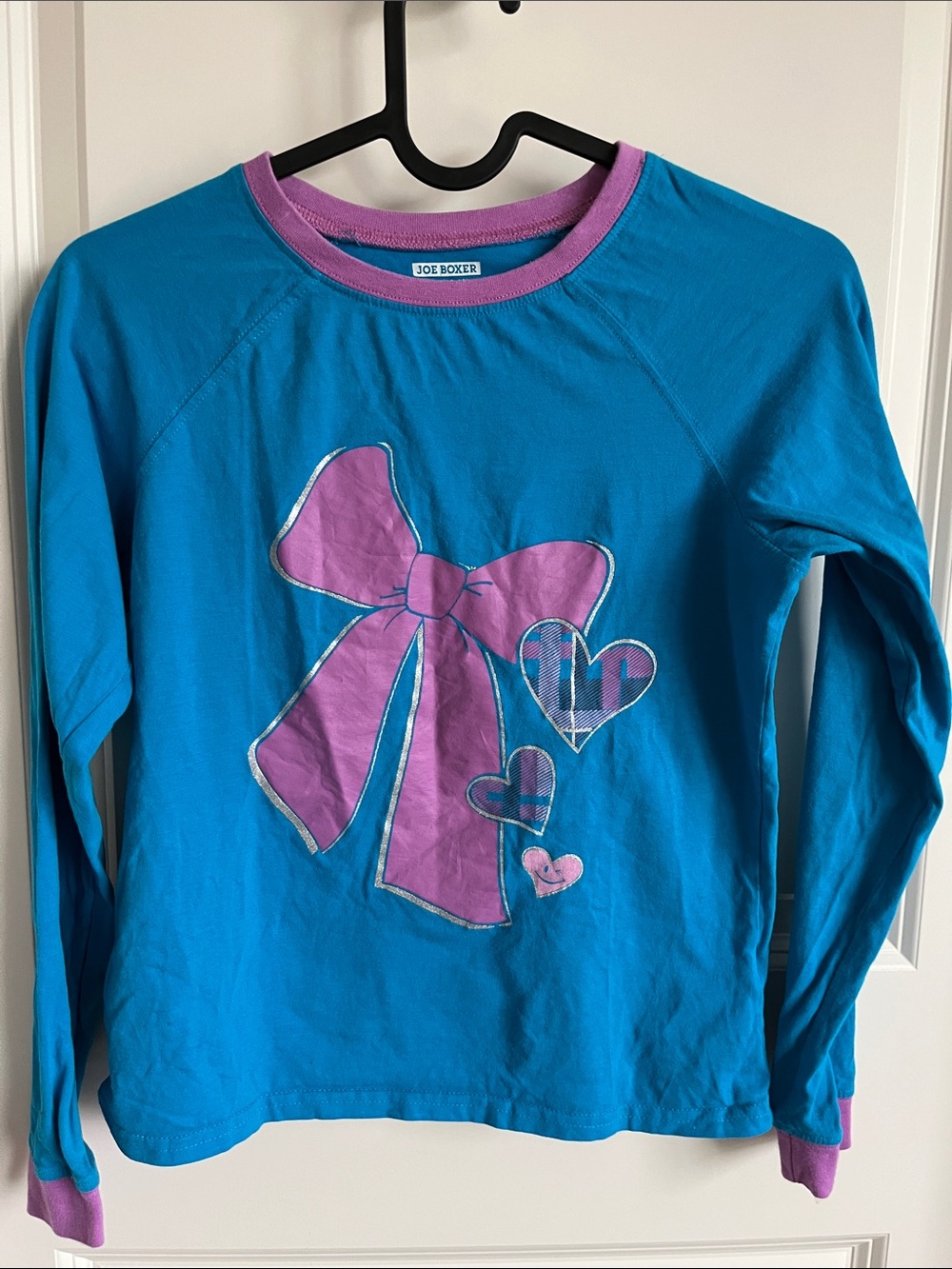 Joe Boxer Teal Blue Long-Sleeve Top with Purple Bow and Hearts
